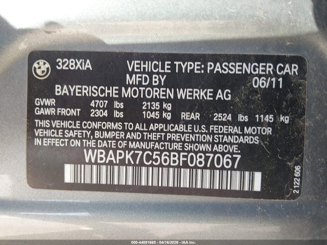 44891660 :رقم المزاد ، WBAPK7C56BF087067 vin ، 2011 Bmw 328 Xi مزاد بيع