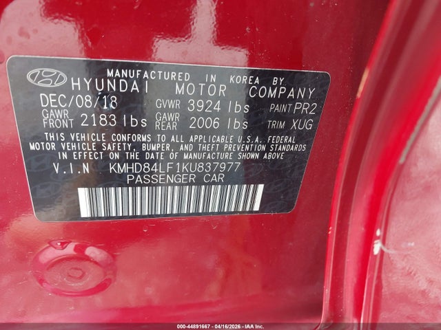 Aukcja sprzedaży 2019 Hyundai Elantra Sel, vin: KMHD84LF1KU837977, numer aukcji: 44891667