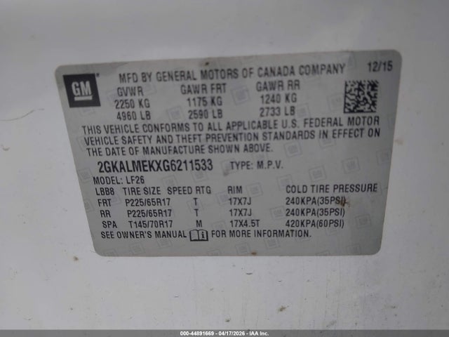 Продаж на аукціоні авто 2016 Gmc Terrain Sle-1, vin: 2GKALMEKXG6211533, номер лоту: 44891669