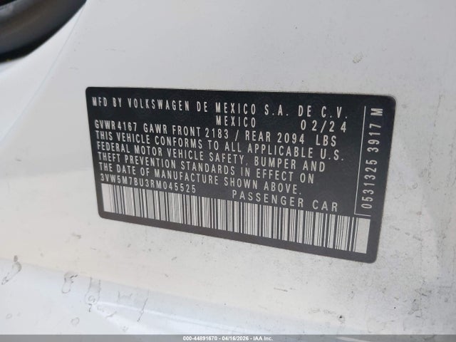 Продажа на аукционе авто 2024 Volkswagen Jetta 1.5t S, vin: 3VW5M7BU3RM045525, номер лота: 44891670