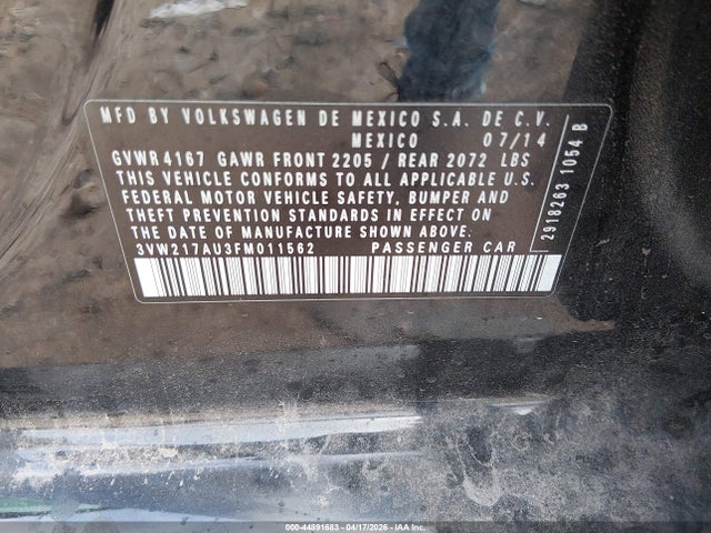 44891683 :رقم المزاد ، 3VW217AU3FM011562 vin ، 2015 Volkswagen Golf Tsi S 4-door مزاد بيع