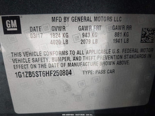 44891684 :رقم المزاد ، 1G1ZB5ST6HF250804 vin ، 2017 Chevrolet Malibu Ls مزاد بيع
