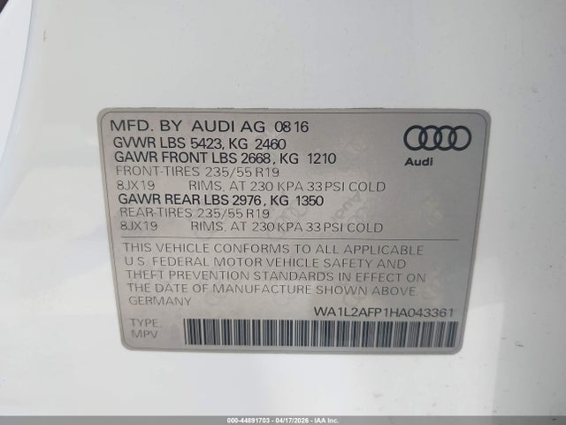 Aukcja sprzedaży 2017 Audi Q5 2.0t Premium, vin: WA1L2AFP1HA043361, numer aukcji: 44891703