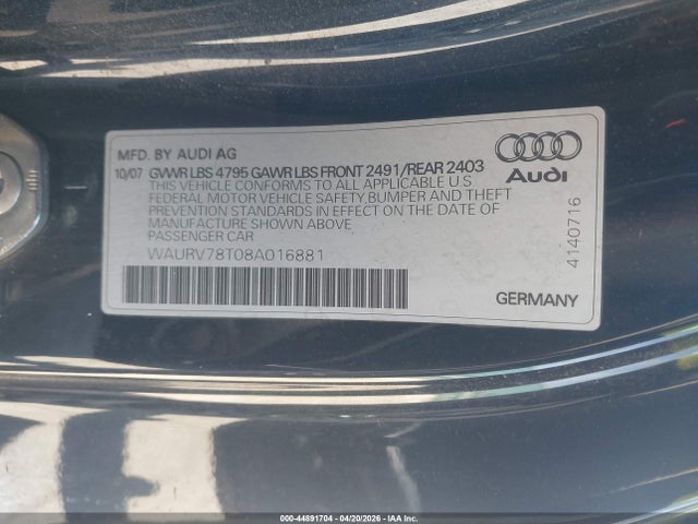 44891704 :رقم المزاد ، WAURV78T08A016881 vin ، 2008 Audi S5 4.2l مزاد بيع
