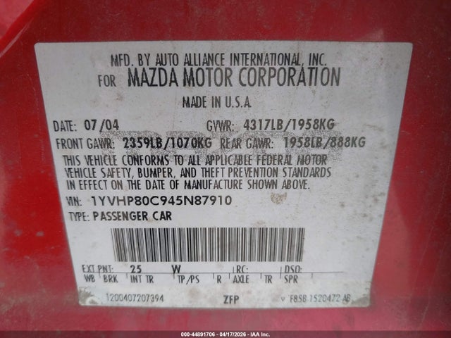 Продажа на аукционе авто 2004 Mazda Mazda6 I, vin: 1YVHP80C945N87910, номер лота: 44891706