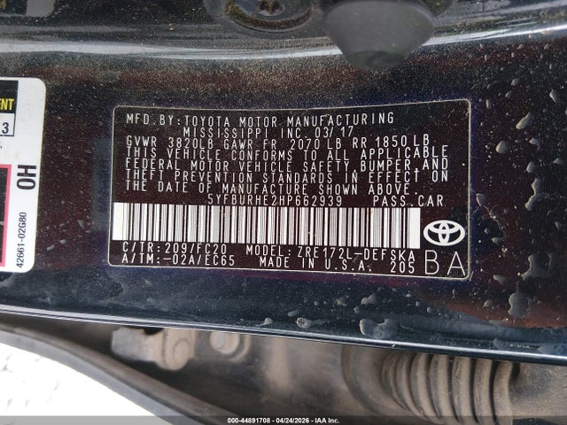 Auction sale of the 2017 Toyota Corolla Se, vin: 5YFBURHE2HP662939, lot number: 44891708