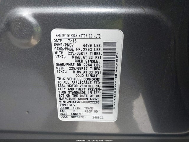 JN8AT2MT4GW022266 Nissan ROGUE S