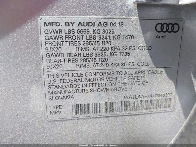 Aukcja sprzedaży 2018 Audi Q7 3.0t Premium, vin: WA1LAAF74JD040297, numer aukcji: 44891734