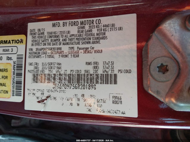 Aukcja sprzedaży 2016 Ford Fusion Se, vin: 3FA6P0H75GR201898, numer aukcji: 44891737