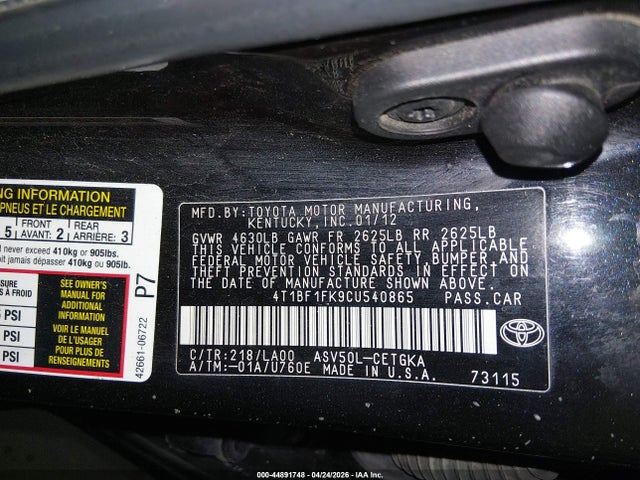Auction sale of the 2012 Toyota Camry Xle, vin: 4T1BF1FK9CU540865, lot number: 44891748