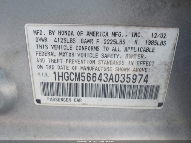 Продаж на аукціоні авто 2003 Honda Accord 2.4 Ex, vin: 1HGCM56643A035974, номер лоту: 44891749
