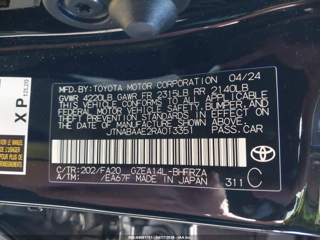 Продажа на аукционе авто 2024 Toyota Gr Corolla Core, vin: JTNABAAE2RA013351, номер лота: 44891751