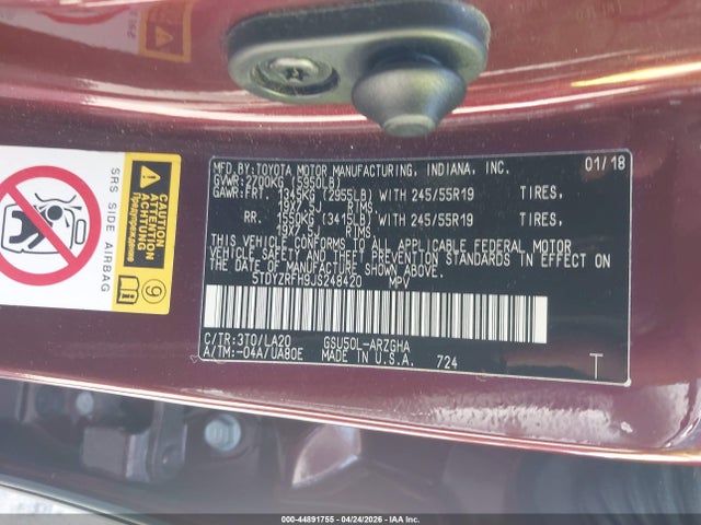 Aukcja sprzedaży 2018 Toyota Highlander Limited, vin: 5TDYZRFH9JS248420, numer aukcji: 44891755