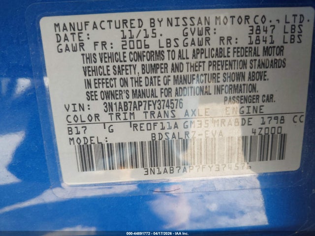 Aukcja sprzedaży 2015 Nissan Sentra Sr, vin: 3N1AB7AP7FY374576, numer aukcji: 44891772