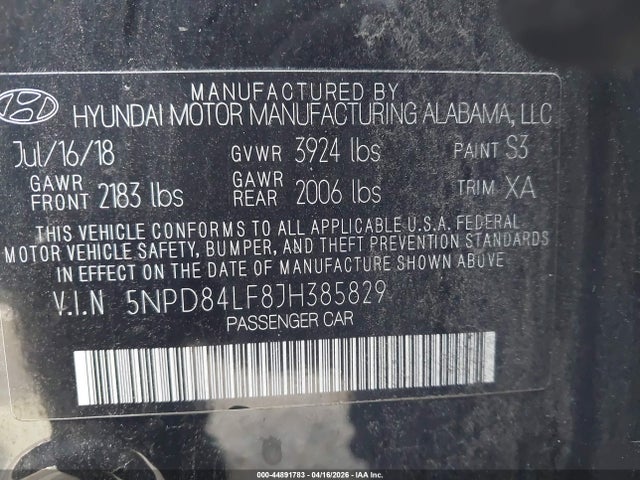 5NPD84LF8JH385829 Hyundai ELANTRA SEL