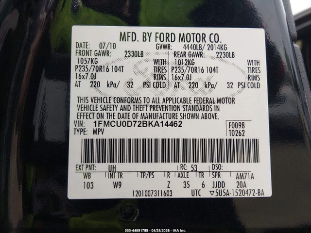 Aukcja sprzedaży 2011 Ford Escape Xlt, vin: 1FMCU0D72BKA14462, numer aukcji: 44891799