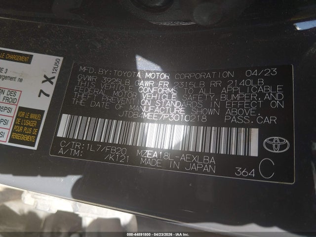 44891800 :رقم المزاد ، JTDB4MEE7P3010218 vin ، 2023 Toyota Corolla Le مزاد بيع