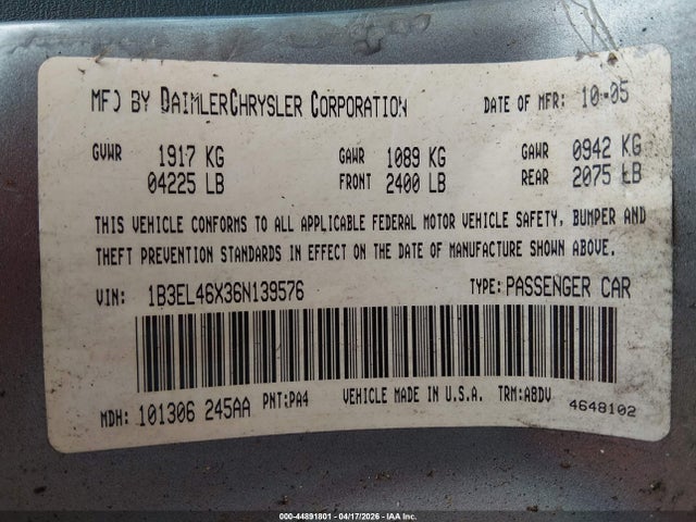 44891801 :رقم المزاد ، 1B3EL46X36N139576 vin ، 2006 Dodge Stratus Sxt مزاد بيع