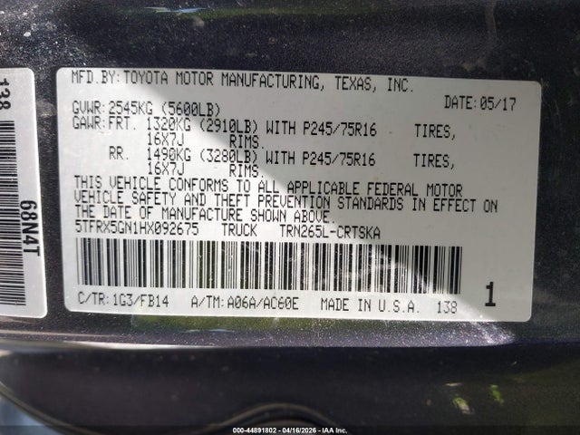 Toyota Tacoma Sr 2017 5TFRX5GN1HX092675 Image 9