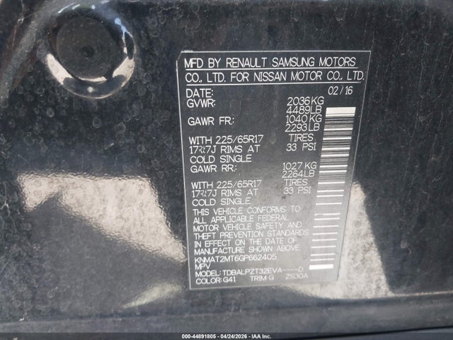 44891805 :رقم المزاد ، KNMAT2MT6GP662405 vin ، 2016 Nissan Rogue S مزاد بيع