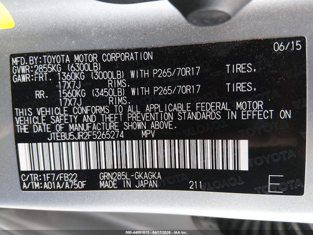 Aukcja sprzedaży 2015 Toyota 4runner Sr5, vin: JTEBU5JR2F5265274, numer aukcji: 44891813
