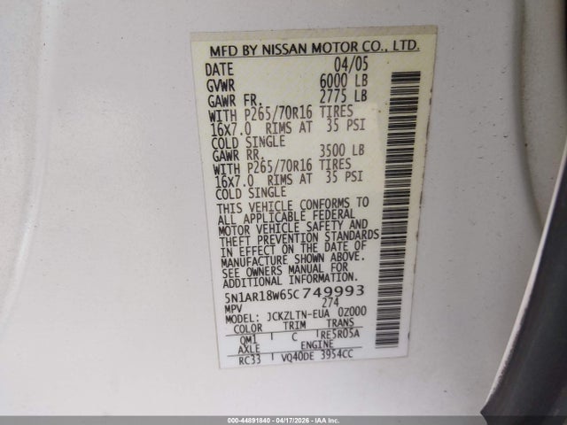 44891840 :رقم المزاد ، 5N1AR18W65C749993 vin ، 2005 Nissan Pathfinder Se مزاد بيع
