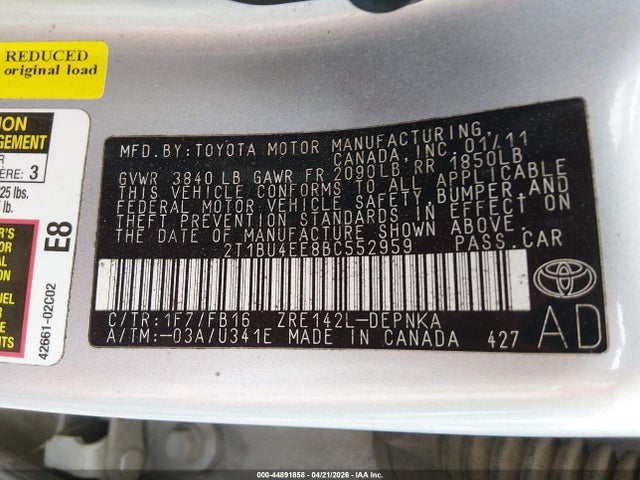 Продаж на аукціоні авто 2011 Toyota Corolla Le, vin: 2T1BU4EE8BC552959, номер лоту: 44891858
