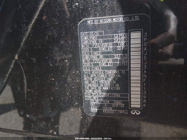 Продажа на аукционе авто 2022 Infiniti Qx55 Luxe Awd, vin: 3PCAJ5J3XNF113986, номер лота: 44891868