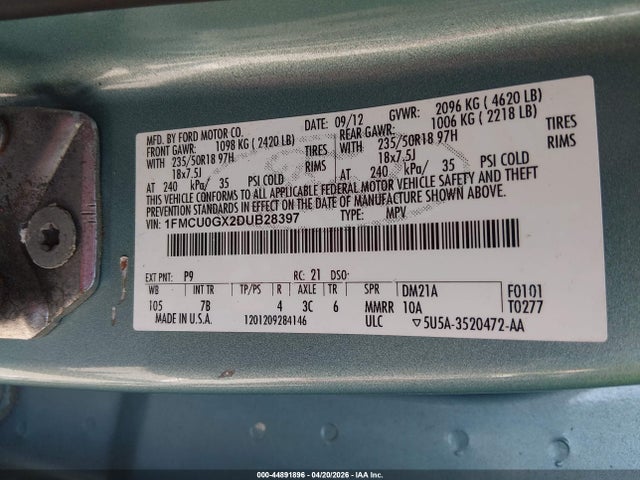 44891896 :رقم المزاد ، 1FMCU0GX2DUB28397 vin ، 2013 Ford Escape Se مزاد بيع