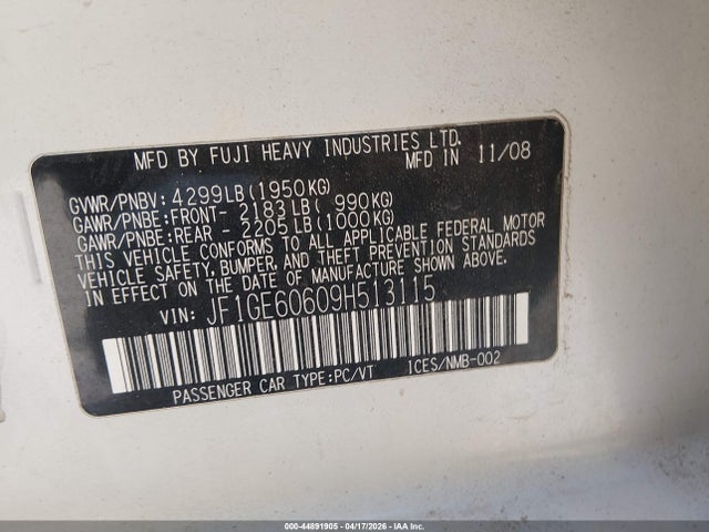 Продаж на аукціоні авто 2009 Subaru Impreza 2.5i, vin: JF1GE60609H513115, номер лоту: 44891905