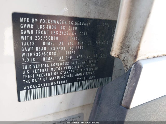 44891908 :رقم المزاد ، WVGAV3AX8DW559801 vin ، 2013 Volkswagen Tiguan Se مزاد بيع