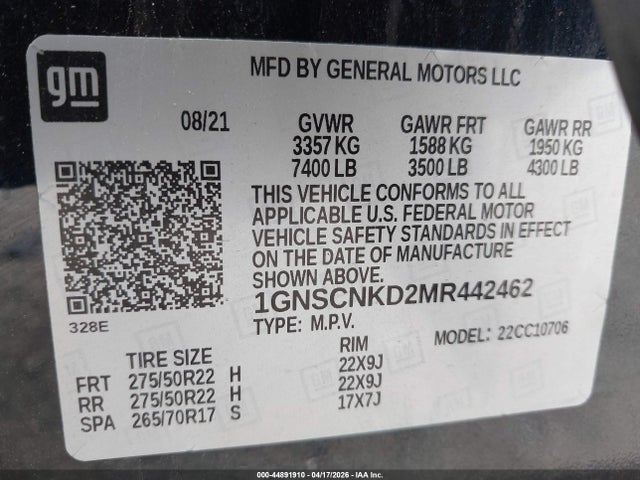 Продаж на аукціоні авто 2021 Chevrolet Tahoe 2wd Lt, vin: 1GNSCNKD2MR442462, номер лоту: 44891910