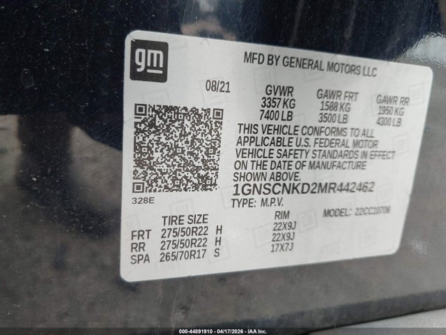 Продаж на аукціоні авто 2021 Chevrolet Tahoe 2wd Lt, vin: 1GNSCNKD2MR442462, номер лоту: 44891910