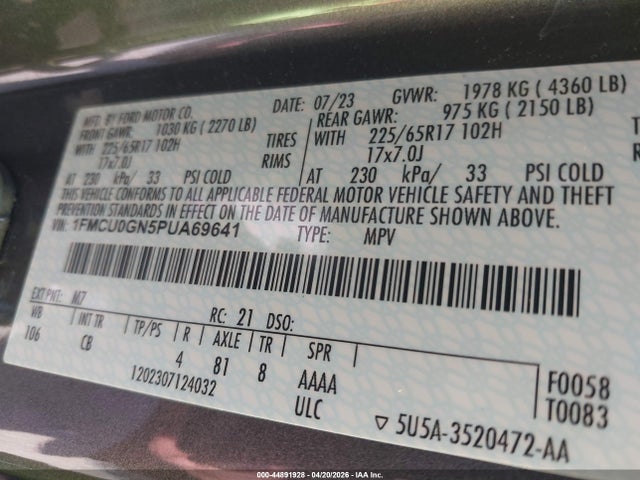 Продажа на аукционе авто 2023 Ford Escape Active, vin: 1FMCU0GN5PUA69641, номер лота: 44891928