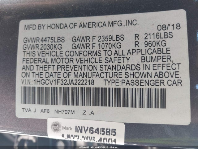 1HGCV1F32JA222218 Honda Accord Sport