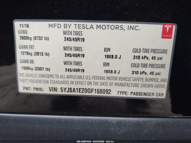 Tesla Model S 60d/70d/75d/85d/90d 2016 5YJSA1E20GF168092 Image 9