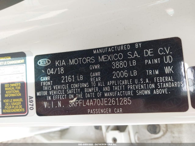 Aukcja sprzedaży 2018 Kia Forte S, vin: 3KPFL4A70JE261285, numer aukcji: 44891958