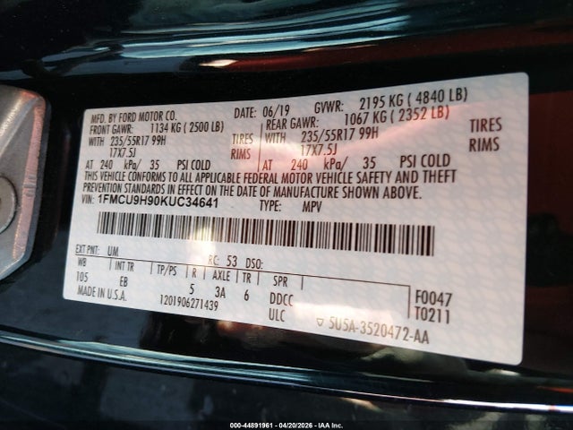 Aukcja sprzedaży 2019 Ford Escape Sel, vin: 1FMCU9H90KUC34641, numer aukcji: 44891961
