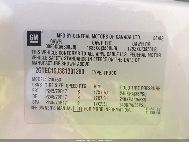 Aukcja sprzedaży 2008 Gmc Sierra 1500 Sle1, vin: 2GTEC19J381301280, numer aukcji: 44891963