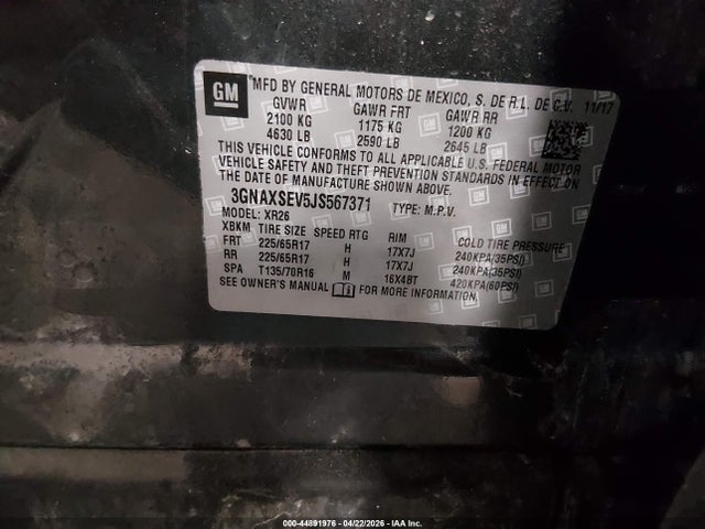 2018 Chevrolet Equinox Lt მანქანა იყიდება აუქციონზე, vin: 3GNAXSEV5JS567371, აუქციონის ნომერი: 44891976