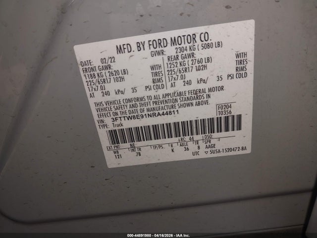 Aukcja sprzedaży 2022 Ford Maverick Xlt, vin: 3FTTW8E91NRA44811, numer aukcji: 44891980