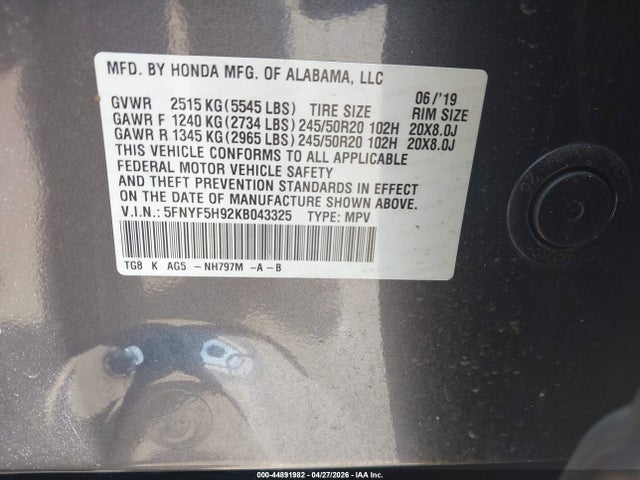 5FNYF5H92KB043325 Honda Pilot Touring