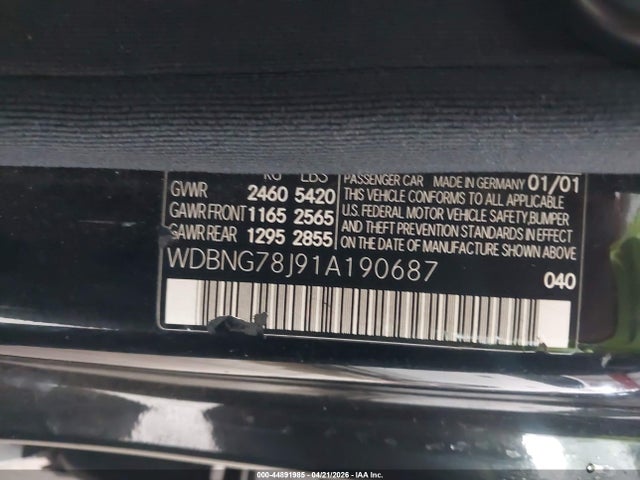 Aukcja sprzedaży 2001 Mercedes-benz S 600, vin: WDBNG78J91A190687, numer aukcji: 44891985