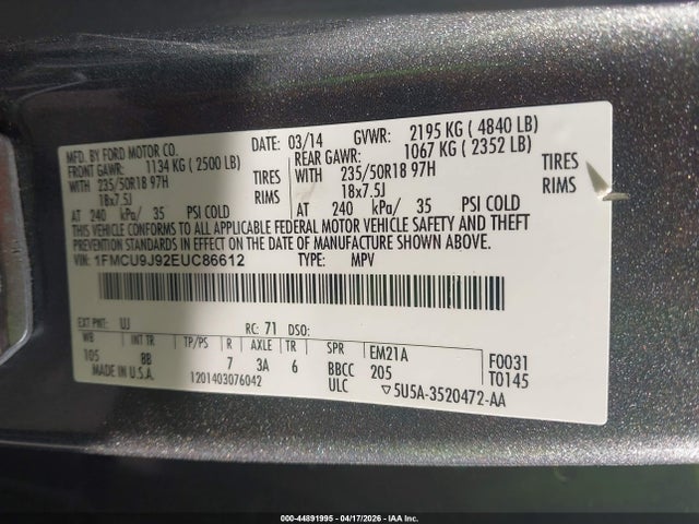 Продаж на аукціоні авто 2014 Ford Escape Titanium, vin: 1FMCU9J92EUC86612, номер лоту: 44891995
