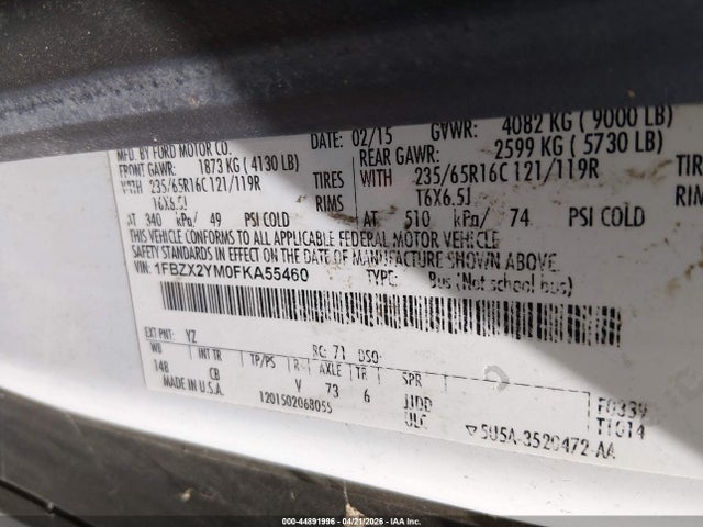 44891996 :رقم المزاد ، 1FBZX2YM0FKA55460 vin ، 2015 Ford Transit-350 Xlt مزاد بيع