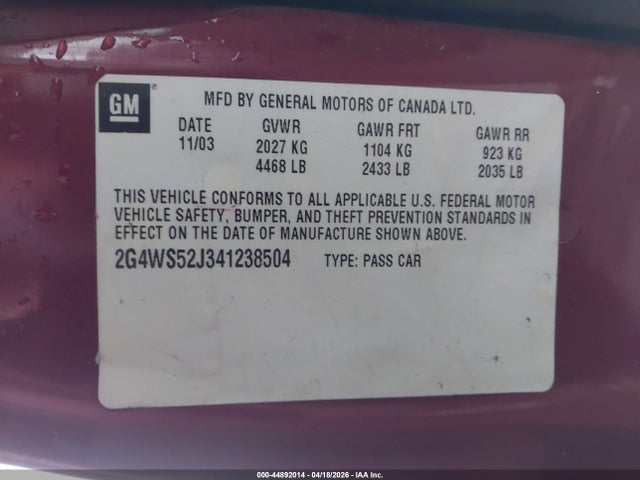 2004 Buick Century მანქანა იყიდება აუქციონზე, vin: 2G4WS52J341238504, აუქციონის ნომერი: 44892014