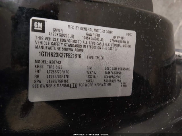 2007 Gmc Sierra 2500hd Slt მანქანა იყიდება აუქციონზე, vin: 1GTHK23K27F521816, აუქციონის ნომერი: 44892018