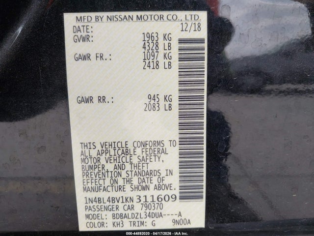 Nissan Altima 2.5 S 2019 1N4BL4BV1KN311609 Image 9