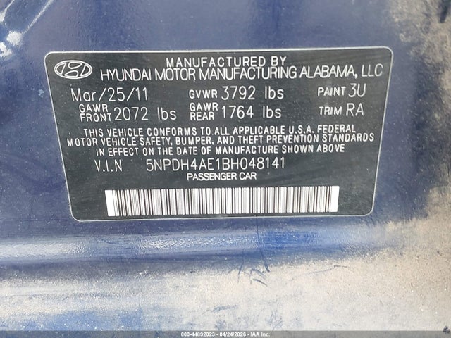 2011 Hyundai Elantra Gls მანქანა იყიდება აუქციონზე, vin: 5NPDH4AE1BH048141, აუქციონის ნომერი: 44892023