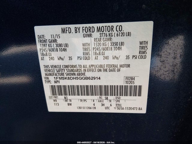 Aukcja sprzedaży 2016 Ford Explorer Xlt, vin: 1FM5K8DH5GGB62914, numer aukcji: 44892027